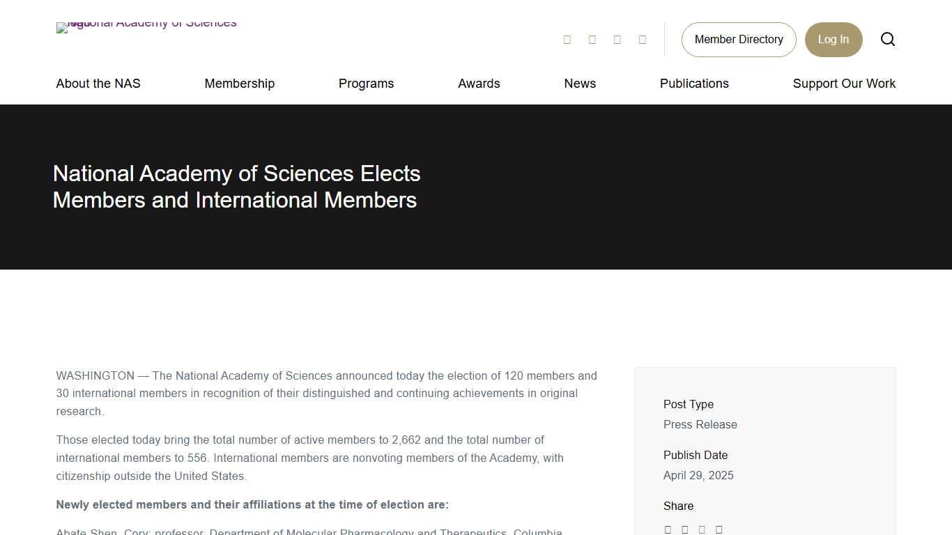 National Academy of Sciences Elects Members and International Members - NAS
